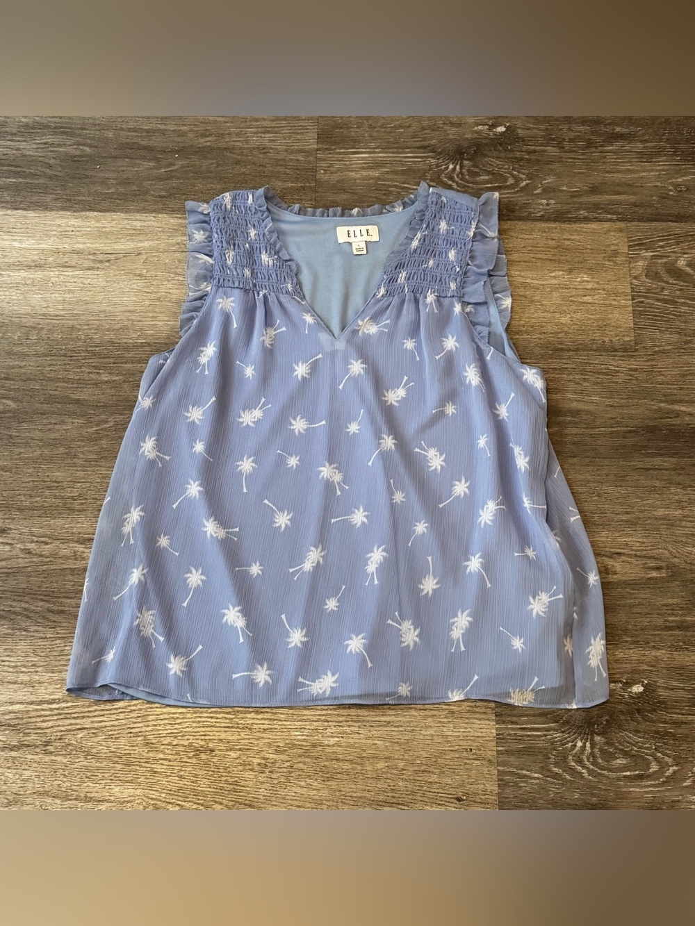 ELLE Light Blue Palm-Print Smocked V-Neck Tank